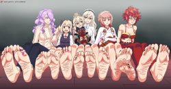 Rule 34 | 6+girls, :d, alternate costume, artist name, barefoot, blonde hair, blue nails, bow, camilla (fire emblem), confettish, corrin (female) (fire emblem), corrin (fire emblem), elise (fire emblem), feet, female focus, fire emblem, fire emblem fates, fire emblem if, flat chest, foot focus, grey hair, hair ornament, hairband, handkerchief, highres, hinoka (fire emblem), kana (female) (fire emblem), kana (fire emblem), looking at another, looking to the side, midriff, mother and daughter, multiple girls, nail polish, nintendo, on lap, open mouth, orange eyes, patreon username, pink hair, purple eyes, purple hair, purple nails, red eyes, red hair, red nails, sakura (fire emblem), scarf, siblings, sisters, sleeve gloves, smile, soles, toenail polish, toenails, toes, watermark, web address, yellow eyes
