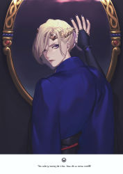 Rule 34 | 1boy, absurdres, against mirror, blonde hair, bridal gauntlets, closed mouth, crown, english text, from behind, hair between eyes, hair over one eye, hand on mirror, hand up, heart, highres, inanome me, lips, long sleeves, looking at viewer, looking back, male focus, mirror, mirrored text, multicolored hair, nail polish, purple eyes, purple hair, purple nails, reflection, sash, solo, streaked hair, twisted wonderland, two-tone hair, updo, upper body, vil schoenheit, wide sleeves