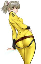 Rule 34 | 10s, 1girl, :o, ahoge, alternate color, ass, belt, bodysuit, breasts, cowboy shot, dimples of venus, dutch angle, grey hair, hair between eyes, hand on own hip, impossible clothes, kneepits, looking at viewer, looking back, misaki yuria, open mouth, red eyes, scrunchie, shinobu (tyno), shiny clothes, short hair, short twintails, simple background, skin tight, small breasts, solo, standing, surprised, tight clothes, turtleneck, twintails, uchuu senkan yamato, uchuu senkan yamato 2199, white background, wide hips, yellow theme