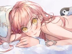 Rule 34 | 1girl, ashita kura, bare shoulders, beanie, bird, blush, commentary request, fate/grand order, fate (series), hat, highres, lips, long hair, looking at viewer, lying, medb (fate), medb (swimsuit saber) (fate), medb (swimsuit saber) (third ascension) (fate), on stomach, parted lips, penguin, pink hair, smile, solo, swimsuit, upper body, yellow eyes