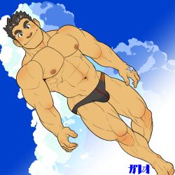 Rule 34 | 1boy, abs, bara, black male swimwear, blush, bulge, cloud, cloudy sky, feet out of frame, full body, galeoria, grey male swimwear, grey swim briefs, large pectorals, long sideburns, looking at viewer, male focus, male swimwear, protagonist 3 (housamo), muscular, muscular male, navel, nipples, pectorals, print male swimwear, print swim briefs, short hair, sideburns, sky, smile, solo, stomach, swim briefs, swimsuit, thick thighs, thighs, tokyo houkago summoners, topless male