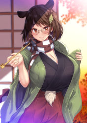 Rule 34 | 1girl, :3, animal ears, breasts, brown eyes, brown hair, checkered clothes, checkered scarf, cleavage, closed mouth, ebi 193, futatsuiwa mamizou, glasses, holding, holding smoking pipe, huge breasts, japanese clothes, kimono, looking at viewer, pince-nez, smoking pipe, raccoon ears, scarf, short hair, smile, solo, touhou