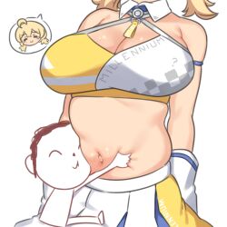 Rule 34 | 1boy, 1girl, doodle sensei (blue archive), bare shoulders, basukechi, belly grab, blonde hair, blue archive, blush, breasts, cheerleader, chibi, chibi inset, commentary, crop top, english commentary, hands on another&#039;s stomach, head out of frame, hetero, hug, kotori (blue archive), kotori (cheer squad) (blue archive), large breasts, midriff, millennium cheerleader outfit (blue archive), navel, official alternate costume, plump, revision, sensei (blue archive), simple background, skirt, smile, standing, stomach, twintails, white background