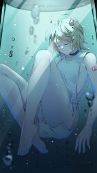 Rule 34 | 1girl, absurdres, barcode, bare arms, bare shoulders, barefoot, blonde hair, blurry, breasts, bubble, choker, closed eyes, closed mouth, depth of field, floating, floating hair, highres, hospital gown, inu8neko, kagamine rin, number tattoo, short hair, shoulder tattoo, sideboob, sleeping, small breasts, solo, stasis tank, submerged, tattoo, toes, tube, unconscious, underwater, vocaloid