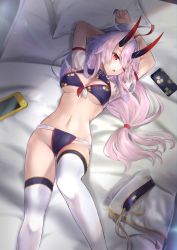Rule 34 | 1girl, ;o, absurdres, arms up, bikini, breasts, cellphone, cleavage, commentary, commentary request, fate/grand order, fate (series), hane yuki, highres, horns, lying, medium breasts, navel, nintendo switch, on back, on bed, one eye closed, oni horns, phone, pillow, pink hair, red eyes, smartphone, solo, swimsuit, thighhighs, tomoe gozen (fate), tomoe gozen (swimsuit saber) (fate), tomoe gozen (swimsuit saber) (third ascension) (fate), white thighhighs
