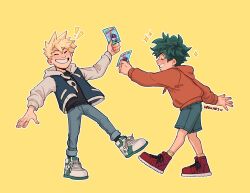 Rule 34 | !, !!, 2boys, aged down, all might, artist name, bakugou katsuki, black shirt, blonde hair, blush, boku no hero academia, card, child, closed eyes, commentary, denim, english commentary, freckles, full body, green hair, habkart, highres, holding, holding card, hood, hood down, hooded jacket, hoodie, jacket, jeans, long sleeves, male focus, midoriya izuku, multiple boys, open clothes, open jacket, orange hoodie, pants, red footwear, shirt, shoes, short hair, shorts, simple background, smile, sneakers, sparkle, spiked hair, standing, yellow background