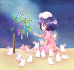 Rule 34 | 1girl, animal ears, black hair, blush, brown hair, dress, female focus, inaba tewi, open mouth, rabbit, red eyes, short hair, sitting, smile, solo, tail, tanabata, tanzaku, tona (nekotte), too many, too many rabbits, touhou, tree