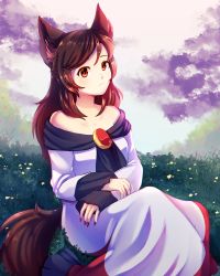 Rule 34 | 1girl, absurdres, animal ears, breasts, brooch, brown hair, collarbone, dress, dungeon toaster, fingernails, flower, highres, imaizumi kagerou, jewelry, long fingernails, long hair, long sleeves, looking at viewer, medium breasts, nail polish, nature, off-shoulder dress, off shoulder, outdoors, red eyes, solo, tail, touhou, white dress, wolf ears, wolf tail