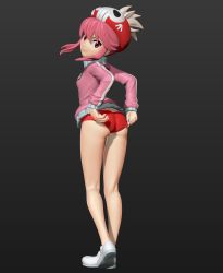 Rule 34 | 10s, 1girl, adjusting buruma, adjusting clothes, arms behind back, ass, bare legs, beret, breasts, buruma, buruma pull, clothes pull, female focus, from side, hat, hat feather, highres, jacket, jakuzure nonon, kill la kill, leaning forward, long sleeves, looking at viewer, looking back, pink eyes, pink hair, shoes, simple background, single vertical stripe, skull print, small breasts, smile, sneakers, solo, standing, standing on one leg, track jacket