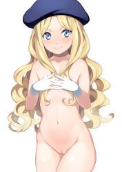 Rule 34 | 1girl, beret, blonde hair, blue eyes, blush, cleft of venus, covering privates, covering breasts, covering chest, female focus, flat chest, frenda seivelun, gloves, groin, hat, highres, long hair, looking at viewer, navel, nude, pussy, shin&#039;ya (shin&#039;yanchi), simple background, smile, solo, standing, toaru kagaku no railgun, toaru majutsu no index, uncensored, wavy hair, white background, white gloves