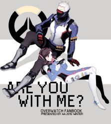 Rule 34 | 1boy, 1girl, 2016, a821, animal print, arm at side, arm support, armor, armored boots, artist name, bodysuit, boots, brown eyes, brown hair, blowing bubbles, chewing gum, copyright name, covered mouth, d.va (overwatch), dated, emblem, english text, explosive, facepaint, facial mark, game console, gloves, greaves, grenade, hand on lap, handheld game console, harness, headphones, holding, jacket, knee boots, knee up, logo, long hair, long sleeves, lying, lying on lap, mask, mouth mask, on back, overwatch, overwatch 1, pants, pauldrons, pilot suit, playing games, playstation portable, rabbit print, red gloves, ribbed bodysuit, scar, short hair, shoulder armor, shoulder pads, sitting, sitting on person, soldier: 76 (overwatch), strap, thigh boots, thigh strap, thighhighs, turtleneck, visor, whisker markings, white gloves, white hair