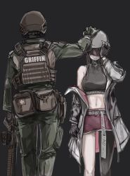 Rule 34 | 1boy, 1girl, absurdres, ammunition belt, ar-57, ar-57 (girls&#039; frontline), assault rifle, bare shoulders, black background, black gloves, black shirt, black thighhighs, body armor, breasts, camouflage, camouflage jacket, carbine, commentary, crop top, feet out of frame, girls&#039; frontline, gloves, griffin &amp; kryuger, gun, hand on another&#039;s head, hand on forehead, helmet, highres, holding, holding gun, holding weapon, jacket, lithographica, long hair, long sleeves, looking down, medium breasts, military, military uniform, navel, open clothes, open jacket, personal defense weapon, pink hair, pink shorts, pistol-caliber carbine, rifle, shirt, shorts, single thighhigh, standing, submachine gun, thighhighs, uniform, weapon, weapon request, white headwear, white jacket