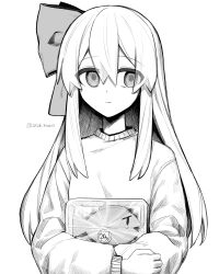 Rule 34 | 1girl, 26 (tsuro), absurdres, alternate costume, animal, closed mouth, cynicality (voiceroid), expressionless, fish, greyscale, hair ribbon, highres, holding, holding animal, holding fish, kotonoha aoi, long hair, long sleeves, looking at viewer, monochrome, plastic wrap, ribbon, sale, sidelocks, simple background, solo, standing, sweater, twitter username, upper body, vocaloid