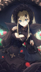 Rule 34 | 1girl, alchemy stars, black dress, blonde hair, bonnet, breasts, breasts apart, cleavage cutout, clothing cutout, corset, dress, green eyes, hair over one eye, hand up, highres, holding, holding umbrella, long hair, long sleeves, looking at viewer, minksama, nina (alchemy stars), parasol, parted lips, petals, puffy long sleeves, puffy sleeves, shoulder cutout, small breasts, solo, turtleneck, turtleneck dress, umbrella