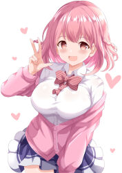 Rule 34 | 1girl, :d, blue skirt, blush, braid, breasts, cardigan, collared shirt, commentary request, dress shirt, heart, highres, hoshizaki akari, long sleeves, looking at viewer, medium breasts, off shoulder, ongeki, open mouth, pink cardigan, pink hair, pleated skirt, puffy long sleeves, puffy sleeves, red eyes, shirt, simple background, skirt, smile, solo, twin braids, w, white background, white shirt, xenon (for achieve)