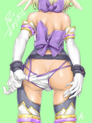 Rule 34 | 1girl, a-alto, adjusting clothes, adjusting panties, ass, bare shoulders, blonde hair, butt crack, dark-skinned female, dark skin, elbow gloves, from behind, gloves, head wings, lilith (shinrabanshou), panties, panty pull, shinrabanshou, short hair, simple background, solo, thigh gap, underwear, wings