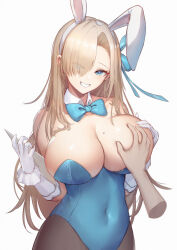 Rule 34 | 1boy, 1girl, animal ears, asuna (blue archive), asuna (bunny) (blue archive), bare shoulders, blonde hair, blue archive, blue bow, blue bowtie, blue eyes, blue hairband, blue ribbon, bow, bowtie, grabbing another&#039;s breast, breasts, cleavage, covered navel, cowboy shot, detached collar, disembodied limb, fake animal ears, gloves, grabbing, grin, hair over one eye, hairband, hetero, highres, large breasts, leotard, long hair, looking at viewer, mole, mole on breast, pantyhose, playboy bunny, rabbit ears, ribbon, simple background, smile, solo focus, strapless, strapless leotard, tail, teeth, white gloves, wrist cuffs, you yi yisheng ai