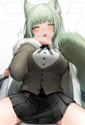 Rule 34 | 1girl, absurdres, animal ear fluff, animal ears, arknights, black ribbon, black skirt, blush, breasts, cat ears, cat girl, cat tail, commentary, cowboy shot, fluffy, green eyes, green hair, grey sweater vest, harmonie (arknights), highres, large breasts, licking, licking hand, long sleeves, looking at viewer, neck ribbon, pleated skirt, ribbon, shirt, skirt, solo, spread legs, sweater vest, tab head, tail, tongue, tongue out, white shirt