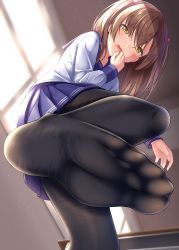 Rule 34 | 1girl, ashida machi, black pantyhose, blue sailor collar, blue skirt, blurry, blurry background, blush, brown eyes, brown hair, commentary request, day, depth of field, desk, feet, fine fabric emphasis, fingernails, gurande (g-size), hair between eyes, hair bobbles, hair ornament, hand to own mouth, highres, indoors, long hair, long sleeves, looking at viewer, no shoes, open mouth, original, pantyhose, pleated skirt, sailor collar, school desk, school uniform, serafuku, shirt, skirt, soles, solo, standing, standing on one leg, sunlight, two side up, white shirt, window