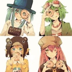 Rule 34 | 4girls, blonde hair, blue eyes, blue hair, copyright name, donut hole (vocaloid), doughnut, food, goggles, goggles on head, green eyes, green hair, gumi, hair ornament, hairclip, hat, hatsune miku, jewelry, kagamine rin, lowres, megurine luka, multiple girls, non-web source, pink hair, short hair, sweets, twintails, vocaloid, yellow eyes