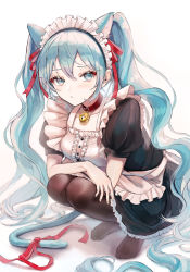 Rule 34 | 1girl, animal ears, apron, bell, black dress, black pantyhose, blue eyes, blue hair, blush, cat day, cat ears, cat girl, cat tail, closed mouth, collar, commentary, dress, frilled apron, frills, hair ribbon, hatsune miku, highres, long hair, looking at viewer, maid, maid apron, maid headdress, neck bell, no shoes, pantyhose, pipi, puffy short sleeves, puffy sleeves, red ribbon, resolution mismatch, ribbon, short sleeves, simple background, solo, source larger, squatting, tail, tail ornament, tail ribbon, thighhighs, tsundere, twintails, vocaloid, white apron, white background