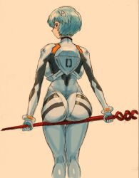 Rule 34 | 1girl, absurdres, ass, ass support, ayanami rei, bident, blue hair, blush, bodysuit, breasts, butt crack, gussuripii, hairpods, highres, huge ass, looking at viewer, looking back, medium breasts, neon genesis evangelion, pilot suit, plugsuit, polearm, red eyes, short hair, simple background, solo, standing, traditional media, weapon, white bodysuit