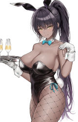 Rule 34 | 1girl, animal ears, bare shoulders, black hair, black leotard, blue archive, bow, bowtie, breasts, cowboy shot, cup, curvy, dark-skinned female, dark skin, detached collar, drinking glass, fake animal ears, fishnet pantyhose, fishnets, gloves, hair between eyes, highleg, highleg leotard, highres, holding, hopeful wharf, karin (blue archive), karin (bunny) (blue archive), large breasts, leotard, long hair, looking at viewer, official alternate costume, pantyhose, playboy bunny, ponytail, rabbit ears, rabbit tail, smile, solo, standing, strapless, strapless leotard, tail, thighs, thong leotard, traditional bowtie, tray, very long hair, white background, white gloves, wide hips, wrist cuffs, yellow eyes