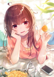 Rule 34 | 1girl, absurdres, ahoge, bag of chips, blurry, blurry background, blush, brown hair, cellphone, chips (food), collarbone, commentary request, depth of field, food, food on face, gyozanuko, hair between eyes, hands up, head tilt, highres, holding, holding food, legs up, long hair, looking at viewer, lying, mole, mole under eye, no shoes, off shoulder, on stomach, original, phone, pillow, pink shirt, potato chips, red eyes, shirt, short sleeves, socks, solo, white socks