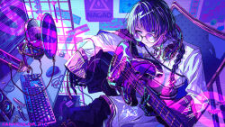 1boy aqua_eyes asymmetrical_bangs black_gloves blunt_bangs braid computer_keyboard gloves guitar hair_between_eyes headphones headphones_around_neck instrument long_hair long_sleeves looking_at_viewer microphone multicolored_hair nagao_kei nijisanji on_chair overdose_(natori) poster_(object) purple-tinted_eyewear purple_hair round_eyewear sample_watermark sleeves_past_wrists solo streaked_hair tinted_eyewear virtual_youtuber watermark yudeazu_king