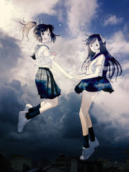 Rule 34 | 2girls, cloud, cloudy sky, dated, headgear, highres, holding hands, i-400 (kancolle), i-401 (kancolle), kantai collection, kneehighs, kokudou juunigou, long hair, multiple girls, open mouth, outdoors, photo-referenced, photo background, pleated skirt, ponytail, sailor collar, school uniform, serafuku, shoes, short sleeves, skirt, sky, smile, sneakers, socks, twitter username, white footwear