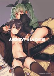 Rule 34 | 2girls, anchovy (girls und panzer), artist name, ass, bed sheet, black footwear, black hair, black legwear, black panties, black ribbon, black shirt, boots, bow, bow panties, braid, breasts, character name, closed eyes, closed mouth, commentary request, dress shirt, drill hair, english text, facing viewer, girls und panzer, green hair, grin, hair ribbon, hair tie, head rest, holding, holding menu, knee boots, konishi hiroshi, long hair, looking at viewer, lying, medium breasts, menu, multiple girls, no bra, no pants, on back, on side, open clothes, open shirt, panties, pepperoni (girls und panzer), pointing, pointing at self, red eyes, ribbon, shirt, short hair, side-tie panties, side braid, smile, thighhighs, twin drills, twintails, underwear