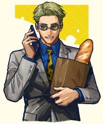 Rule 34 | 1boy, bag, baguette, blonde hair, blue shirt, bread, collared shirt, commentary request, dress shirt, food, formal, grmms otk, grocery bag, holding, holding phone, jacket, jujutsu kaisen, korean commentary, long sleeves, looking to the side, male focus, nanami kento, necktie, phone, round eyewear, shirt, shopping bag, short hair, smile, solo, standing, suit, sunglasses, talking on phone, upper body