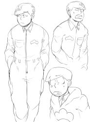 Rule 34 | 10s, 1boy, :&lt;, absurdres, alternate costume, expressions, greyscale, hands in pockets, highres, hood, hoodie, jumpsuit, looking down, looking to the side, male focus, matsuno choromatsu, monochrome, nyaph, osomatsu-kun, osomatsu-san, simple background, sketch, solo, sweatdrop