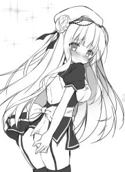 Rule 34 | 1girl, ass, azur lane, back bow, beret, blush, bow, braid, breasts, closed mouth, cygnet (azur lane), dress, garter straps, greyscale, hair bun, hat, leaning forward, long hair, looking at viewer, looking to the side, medium breasts, monochrome, nose blush, puffy short sleeves, puffy sleeves, purinpurin, short sleeves, side bun, simple background, single hair bun, single side bun, solo, sparkle, thighhighs, very long hair, white background