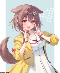 Rule 34 | 1girl, animal collar, animal ears, bone hair ornament, bow, bowtie, bracelet, braid, breasts, brown eyes, brown hair, cleavage, collar, dog ears, dog girl, dog tail, dress, fang, fukahire (ruinon), hair between eyes, hair ornament, hololive, inugami korone, inugami korone (1st costume), jacket, jewelry, long hair, low twin braids, medium breasts, open mouth, red bow, red bowtie, red collar, smile, solo, tail, twin braids, v, virtual youtuber, white dress, yellow jacket