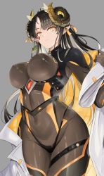 Rule 34 | 1girl, absurdres, ahoge, black hair, bodysuit, breasts, contractee crosselle, covered navel, demon girl, earrings, grey background, guardian tales, highres, jacket, jewelry, large breasts, long hair, looking at viewer, pointy ears, skin tight, steaming body, will2012tw, yellow eyes
