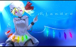 Rule 34 | 1girl, 5656 (lux door), bad id, bad pixiv id, blonde hair, blue theme, buckle, character name, crystal, cuffs, female focus, flandre scarlet, hat, highres, hitotose hirune, letterboxed, purple eyes, slit pupils, solo, touhou, underwater, water, wings