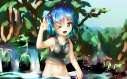 Rule 34 | 1girl, artist name, bare shoulders, blue eyes, blue hair, bottomless, breasts, collarbone, fang, groin, hair bobbles, hair ornament, hand up, kawashiro nitori, looking at viewer, matching hair/eyes, navel, one eye closed, open mouth, partially submerged, short hair, small breasts, smile, solo, tank top, touhou, twintails, two side up, water, water drop, welt (kinsei koutenkyoku)