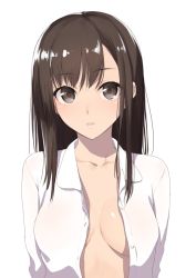 Rule 34 | 1girl, bad id, bad pixiv id, breasts, brown eyes, brown hair, collarbone, collared shirt, f-cla, long hair, looking at viewer, medium breasts, no bra, open clothes, open shirt, original, parted lips, shirt, simple background, solo, upper body, white background, white shirt