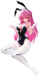 Rule 34 | 1girl, absurdres, afindex, animal ears, black leotard, blush, breasts, cleavage, closed mouth, commentary, covered navel, detached collar, elf, full body, highres, large breasts, leotard, long hair, looking at viewer, original, pantyhose, pink hair, playboy bunny, pointy ears, rabbit ears, rabbit tail, red eyes, simple background, tail, white background, white pantyhose, wrist cuffs