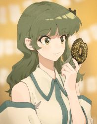Rule 34 | 1girl, bad id, bad twitter id, bare shoulders, bitten, blouse, blurry, blurry background, chocolate doughnut, closed mouth, collared shirt, commentary request, crumbs, detached sleeves, doughnut, eating, food, food on face, frog hair ornament, green eyes, green hair, hair ornament, hand up, highres, holding, holding food, kochiya sanae, light blush, long hair, orange background, revision, shiratama (hockey), shirt, sidelocks, sleeveless, sleeveless shirt, smile, smirk, snake hair ornament, solo, touhou, upper body, white shirt, wing collar