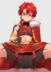 Rule 34 | 1boy, alexander (fate), blush, braid, fate/grand order, fate (series), from below, g1 (jjw00123), grin, hair between eyes, highres, long hair, looking at viewer, male focus, midriff, navel, red eyes, red hair, simple background, single braid, smile, solo, squatting, white background