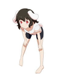 Rule 34 | 1girl, :3, alternate costume, animal ears, bare shoulders, bent over, bike shorts, black hair, cato (monocatienus), commentary request, full body, hands on own knees, inaba tewi, looking at viewer, rabbit ears, rabbit girl, rabbit tail, red eyes, short hair, short sleeves, simple background, smile, solo, tail, touhou, white background