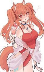 Rule 34 | 1girl, angelina (arknights), angelina (summer flower) (arknights), animal ear fluff, animal ears, arknights, blue flower, blush, breasts, cleavage, cowboy shot, drink, flower, fox ears, fox girl, fox tail, grapefruit, grapefruit slice, highres, holding, holding drink, infection monitor (arknights), jewelry, looking at viewer, medium breasts, necklace, official alternate costume, one-piece swimsuit, red one-piece swimsuit, red ribbon, ribbon, shino duka, smile, solo, spaghetti strap, standing, swimsuit, swimsuit cover-up, tail, twintails, white background