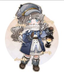Rule 34 | 1girl, :o, ankle boots, artist name, beiji shutiao, belt, blue coat, blue eyes, blue neckerchief, boots, brown belt, brown footwear, brown gloves, brown hair, cabbie hat, chibi, circle, coat, curly hair, dress, full body, gloves, grey hat, hands up, hat, highres, holding, holding lantern, lantern, long dress, long hair, long sleeves, looking up, marcus (reverse:1999), mole, mole under eye, neckerchief, open clothes, open coat, overcoat, pink background, reverse:1999, scarf, signature, socks, solo, sparkle, sparkling eyes, standing, two-tone background, white background, white dress, white scarf, white socks