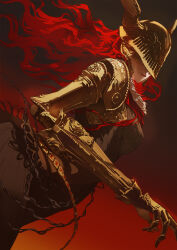 Rule 34 | 1girl, armor, closed mouth, commentary, covered eyes, cowboy shot, elden ring, expressionless, floating hair, gold armor, gradient background, helmet, helmet over eyes, highres, long hair, malenia blade of miquella, mechanical arms, red background, red hair, satsuya, shoulder armor, single mechanical arm, solo, very long hair, wavy hair, winged helmet