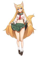 Rule 34 | 1girl, absurdres, animal ears, blonde hair, blouse, blue eyes, clothes lift, collar, collared shirt, commentary, commission, crop top, crop top overhang, english commentary, fox ears, fox girl, fox tail, full body, green collar, green skirt, highres, kiritzugu, lifting own clothes, loafers, long hair, looking at viewer, navel, neckerchief, open mouth, original, pleated skirt, red neckerchief, sailor collar, school uniform, serafuku, shirt, shoes, simple background, skirt, skirt lift, socks, solo, stomach, tail, white background, white shirt, white socks