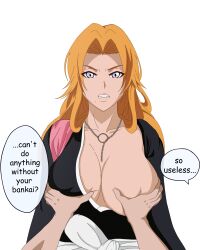 Rule 34 | absurdres, bleach, breasts, english text, forced, grabbing, grabbing another&#039;s breast, grey eyes, groping, highres, large breasts, long hair, matsumoto rangiku, molestation, one breast out, orange hair, pov, white background