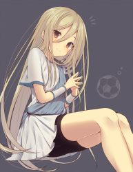 Rule 34 | 1boy, afuro terumi, ball, bike shorts, black shorts, brown eyes, eyebrows, grey background, grey skirt, hair between eyes, highres, inazuma eleven, inazuma eleven (series), long hair, looking at viewer, male focus, pleated skirt, shorts, shorts under skirt, simple background, sitting, skirt, smile, soccer ball, solo, steepled fingers, trap, usamata, very long hair, wrist cuffs