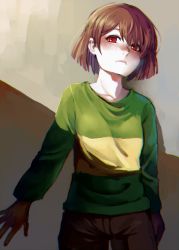 Rule 34 | 1girl, androgynous, artist request, brown hair, brown shorts, chara (undertale), chromatic aberration, collarbone, frown, green shirt, highres, hno3syo, red eyes, shirt, short hair, shorts, shousan (hno3syo), solo, striped clothes, striped sweater, sweater, undertale